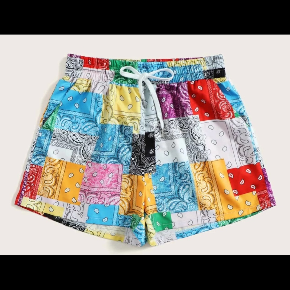 SHEIN Paisley Print Patchwork Slant Pocket Shorts